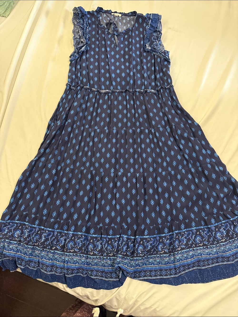beachlunchlounge Navy and Light Blue Boho cap sleeve Midi Dress